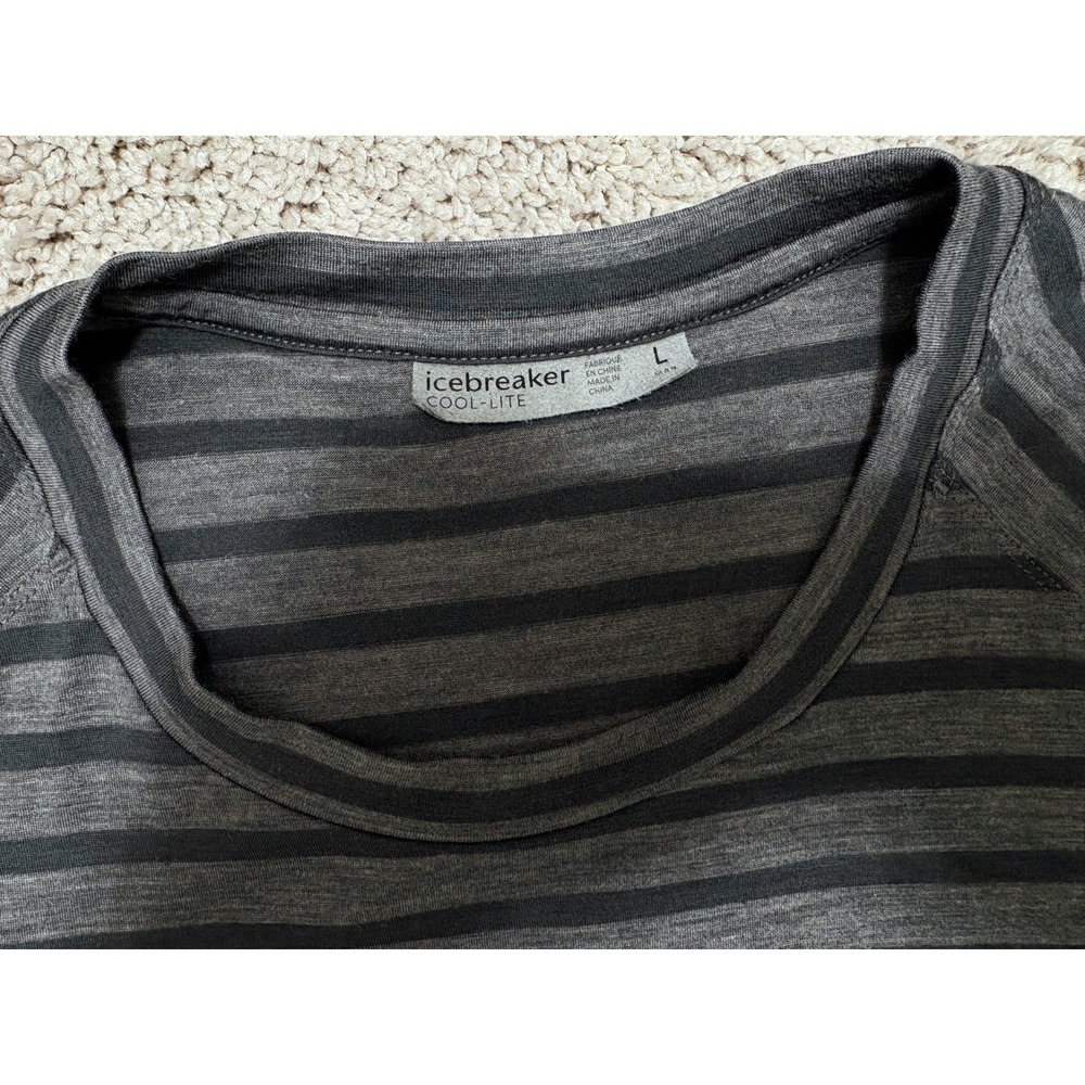 Icebreaker Cool-Lite Wool Blend T Shirt Gray Stripe Base Layer Hiking Mens Large - Picture 2 of 15